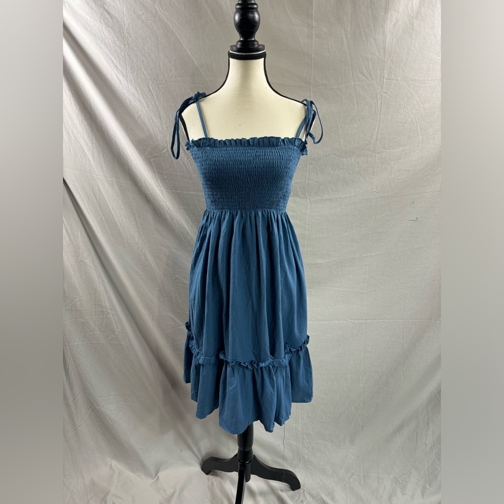 Blue Pleated Shirred Ruffle Hem Dress - Picture 6 of 8